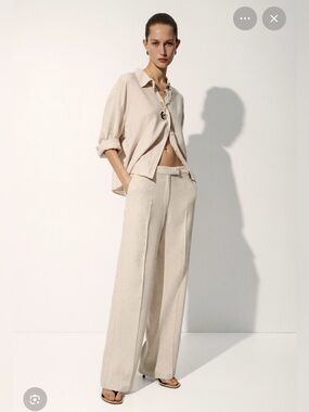 H&M Linen Cream Wide-Leg Pleated Trousers
